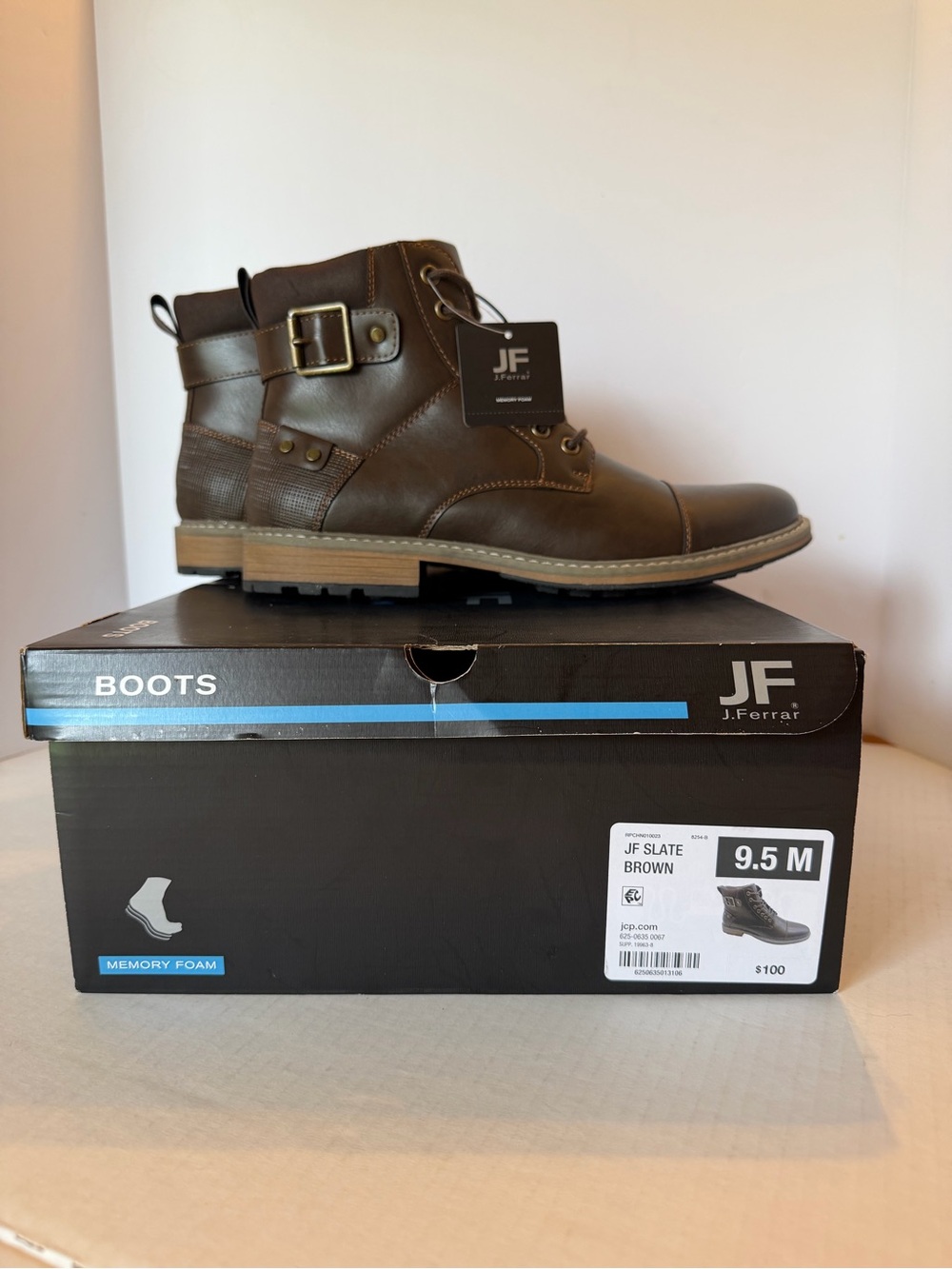 jf j.ferrar Men's Slate Brown Faux Leather Lace-Up Boots with Buckle
